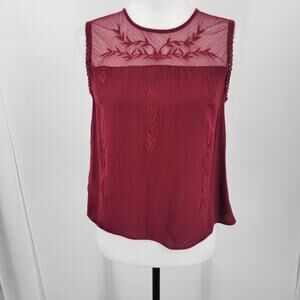 Bleuh Ciel Blouse Womens Medium Burgundy Red Embroidered Sheer Neckline Top